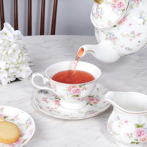 fanquare 21 Piece Vintage Pink Blue Floral Porcelain Tea Set with Gold Trim