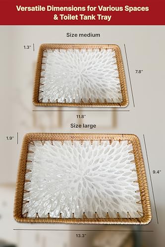 Rattan Rectangle Tray with Mother of Pearl Inlay, Unique Decorative and Serving Tray for Outdoor,Bathroom, Kitchen, Vanity, Perfume, or Coffee Table (Combo White 13"&11.8") - color: Combo White