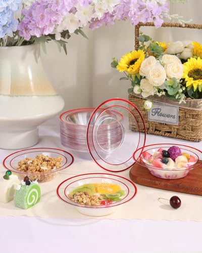 BESTSTAR 100 Pack clear Plastic Bowls with Red Rim - color: Red, size: 100 pack