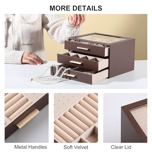 Frebeauty Jewelry Box for Women,Clear Lid Jewelry Organizer with 3 Drawers - color: Dark Brown, size: 3 Drawer