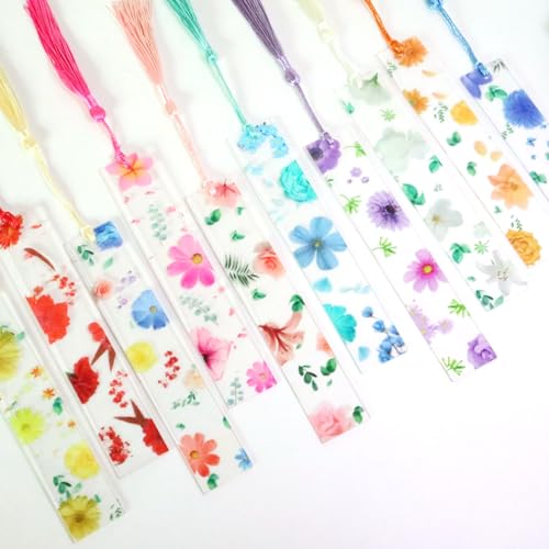10 Sets Flower Acrylic Book Markers for Women Transparent Acrylic Bookmarks Cute Floral Bookmarks with Colorful Tassels for Women Teacher Kids Book Lovers, 10 Styles