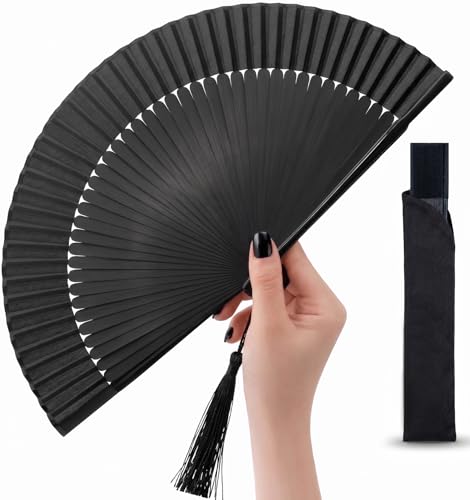 Japanese Folding Hand Fan for Women - Bamboo Silk Handheld Foldable Fan with Tassel & Pouch for Hot Flashes, Rave, Church, Gift,Wedding - Whisper-Quiet, Purse Size (Black) - color: Black