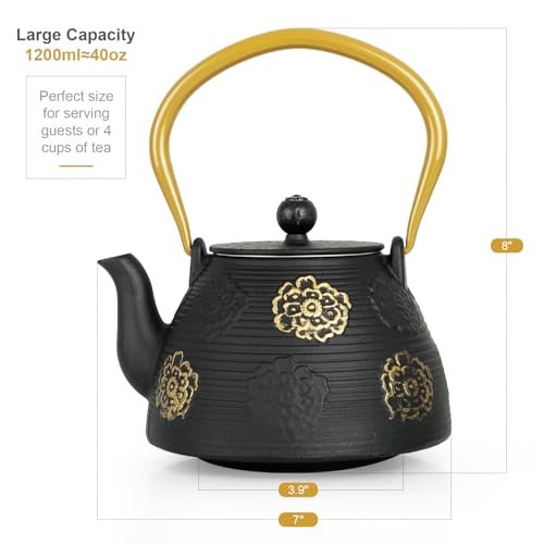 Ufine Cast Iron Teapot with Stainless Infuser Enameled Interior 40oz/1200ml - color: Black Sakura