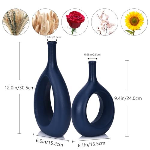 Navy Blue Ceramic Hollow Elliptical Vase Set of 2 - Boho Circle Vase with Hole, for Modern Navy Blue Table Decor, Living Room Decor Shelf mid Century Modern Home Entrance Decorative vase - color: Navy Blue