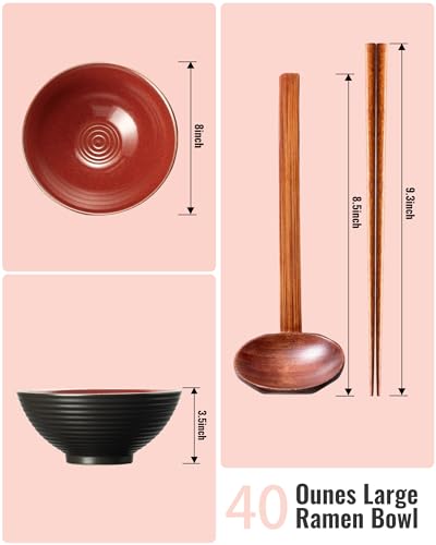 8 Inch 40oz Large Japanese Ramen Bowl Set of 2,Material Safety Ceramic Ramen Bowls with Matching Chopsticks and Spoons, Pho Bowls Ramen Noodle Bowl for Asian Udon Soup Salad Cereal(Red) - color: Red