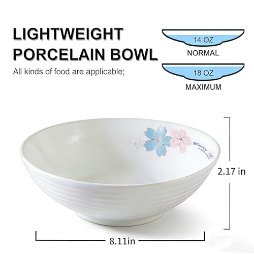 Ceramic Pasta Salad Bowl, 8 inches, 18 Oz, Set of 4 - color: Blue Pink Cherry Blossoms, size: Colorful Ceramic Bowls-18 oz (4 pack)