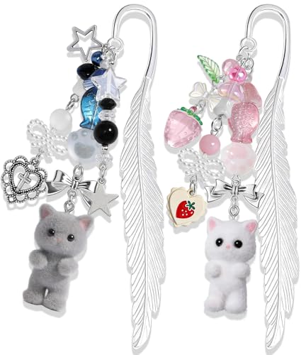 Buleens 2 Pack Bookmarks for Women Reading - Book Marks for Readers Book Lovers, Cute Cat Pink Grey Personalized Metal Bookmark with Pendants, Pretty and Aesthetic Book Accessories Reading Gifts - color: Sliver Cat