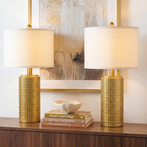PoKat 23" Brass Gold Ceramic Table Lamps for Living Room, Retro Warm Gold Lamps for Night Stands, Vintage Bronze Decorative Lamps for Bedroom, Antique Gold Brown Nightstand Lamps for Home Decor - color: Gold