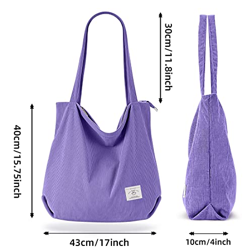 KALIDI Women Corduroy Tote Bag Zipper Casual Tote's Handbag Big Capacity Shoulder Bag with Pockets - color: Purple