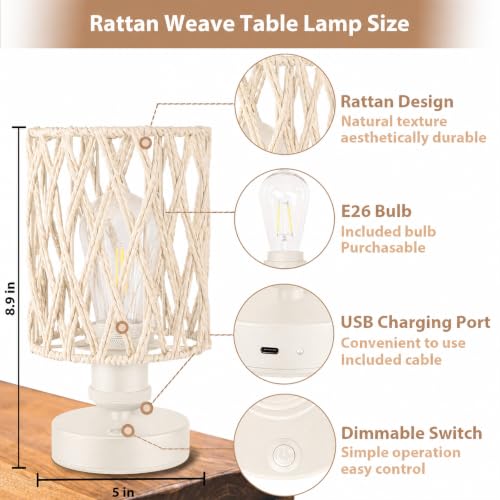 Cordless Outdoor Table Lamps, Small Rattan Boho, Rechargeable Battery Operated for Outdoor Patio, Home, Living Room, Bedroom, Bedside - Set of 2 (Ivory) - color: Ivory
