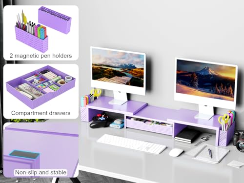 Spacrea Dual Monitor Stand Riser with Drawer and 2 Pen Holders - color: Purple
