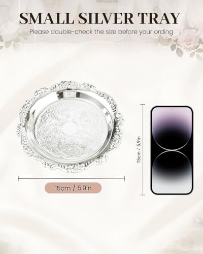 2PCS Coffee Table Tray 5.9in Round Decorative Tray Vintage Metal Dessert Plates for Snacks Fruit Silver - color: Silver, size: 5.9 in