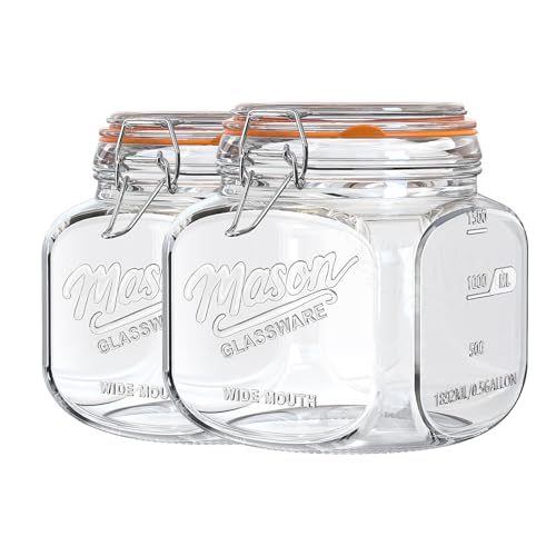 Half Gallon Mason Jar with Hinged Lid, 2 Pack Glass Canister, 64 Oz - color: 64oz-Square-2 Pack-Hinged Lid