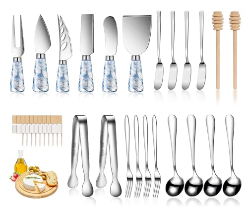 Marble Blue Cheese Knife Set, Ceramic Handle Charcuterie Board Accessories Butter Spreader Slicer Knife With Serving Tongs, Spoons, Forks, Flags Markers, Wooden Honey Dipper - color: Marble Blue