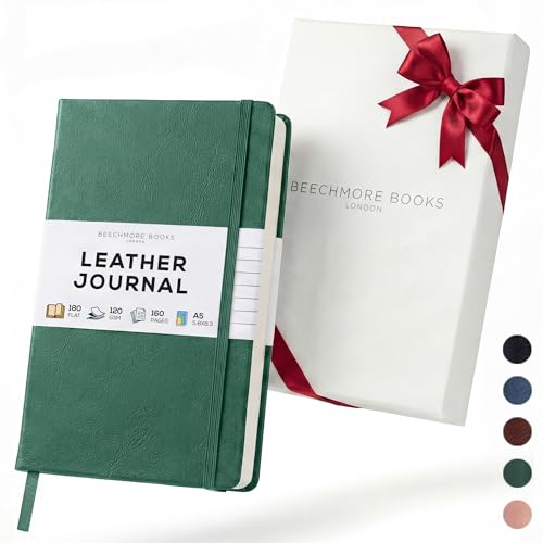 BEECHMORE BOOKS A5 5x8 Lined Leather Journal For Men, 120 GSM with Gift Box - color: Dartmouth Green, size: A5 - 5.8" x 8.3" Medium