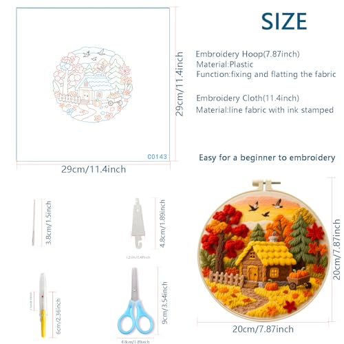 Zhenqing 4-Piece Autumn Embroidery Kit for Beginners, Fall Cabin Squirrel Treehouse Pumpkin Needlework Set with Pre-Printed Fabric, Hoop & Threads (C0167) - color: Autumn Woodland Collection