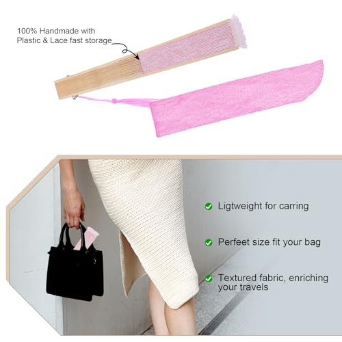 1 Pcs Folding Hand Fan, Pink Lace Vintage Retro Fabric Hand Held Chines/Spanish Foldable Fans for Men/Women Wedding Party Favor Performance Dance Home Decorations Festival Gift