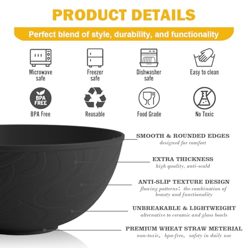Unbreakable Cereal Bowls 40 OZ, Wheat Straw Bowls Set of 6, Anti Scald Extra Thick Soup Bowls, Reusable Plastic Bowl for Kitchen, Outdoor, Camping, RV, Black - color: Black, size: 40 OZ