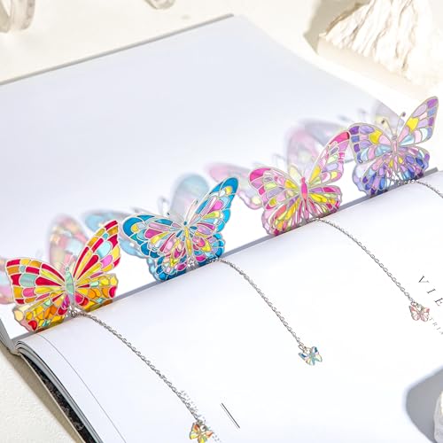 4PCS Stained Glass Style Butterfly Bookmarks, Aesthetic Colorful Metal Book Mark with Chain, Vintage Page Markers for Book Lovers, Reading Women, Unique Butterflies Bookmark Gifts - style: 4Pcs Butterfly
