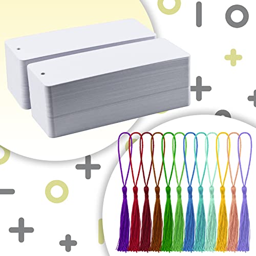 Bercoor 240 PCS White Blank Paper Bookmarks Decorate with 240 Pcs Tassels, Thick Cardstock Bookmark for DIY Craft Projects and Gifts Tags - size: 5.5 x 2 inches