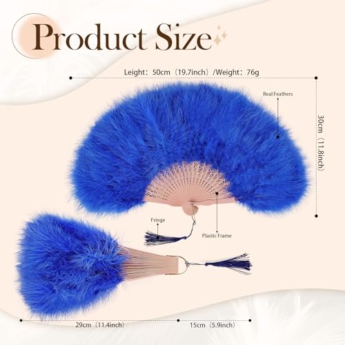 whitefeather Vintage Feather Hand Fan, 17.7 x 11.8 inches, Marabou Feathers, 1920s Style for Costume Parties, Tea Parties - color: Royal Blue