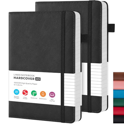 2 Pack Lined Journal Notebook, A5 (5.7"x8.4") Journaling Notebooks for Women Men Writing Work, Black Leather Hardcover, 160 Pages, 100GSM Paper, Daily Journal College Ruled, School Office Supplies - color: Black, size: A5