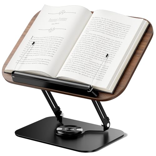 Book Stand for Reading, Adjustable Book Holder with 360° Rotating Base Foldable & Portable Cookbook Stand with Elastic Page Clip for Kindle Office Kitchen Recipe School Textbook Magazine Tablet Laptop