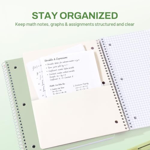 SUNEE Spiral Notebook, 1-Subject, Graph Ruled Paper, 8" x 10-1/2", 100 Sheets per Notebook, 3-Hole Punched Paper, Water Resistant Cover, Spiral Grid Notebooks for Work, Home, School, Writing, Green - color: Green