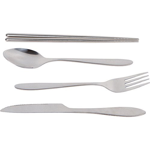 Reusable Travel Utensils with Case | Fork and Spoon Set with Knife, Chopsticks and Optional Reusable Straw– Office, Travel, or Camping Accessories| Lightweight Sturdy Reusable Utensils - color: 4pc Set - Black