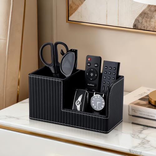 KINGFOM Desk Pen Organizer Office Supplies Caddy Pu Leather Multi-function Storage Box Pen/Pencil,Cell phone, Business Name Cards Remote Control Holder (Black) - color: Black