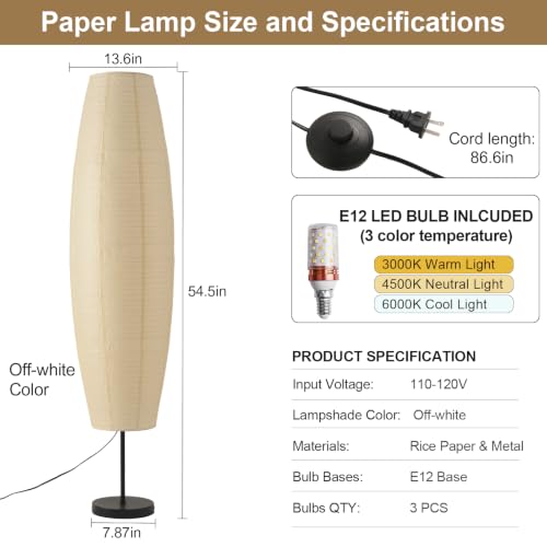 Off-White Paper Lamp Paper Floor Lamp, 3-Lights Bulbs Included - color: Oval Off-white & Black
