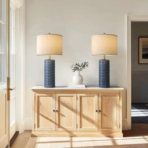 PoKat 27.5'' Tall Table Lamps for Living Room Set of 2, Ceramic Bedroom Lamps for Night Stands, Modern Bedside Lamps for Bedroom Living Room, Nightstand Lamps for Side End Table Hallway, Blue - color: Deep Blue