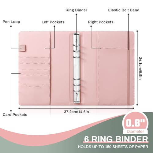 Ovesmusl PU Leather Aesthetic A5 Binder 6 Ring Binder Journal Cover - color: Pink, size: A5