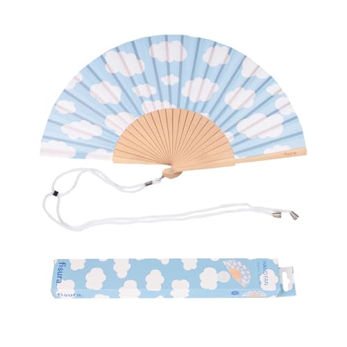 Fisura - Original Fan with Clouds Print. Modern and Colorful Wooden Fan. Blue Hand Fan. Hanger Included. Measures: 42,5 x 23 cm - color: Clouds, Blue