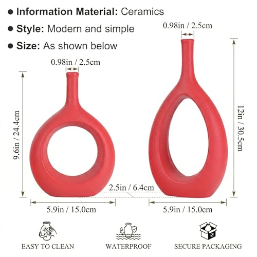 Red Ceramic Hollow Elliptical Vase Set of 2 - Boho Circle Vase with Hole, for Modern Red Table Decor, Living Room Decor Shelf mid Century Modern Home Entrance Decorative vase - color: Red