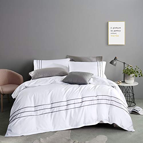 Karen 3 Pieces White Duvet Cover Set Without Filling Grey Stripe Trim 100% Egyptian Cotton 300 Thread Count Soft Sateen Hotel Collection Zipper Closure Corner Ties (White Grey, Queen)… - color: White Grey, size: Queen