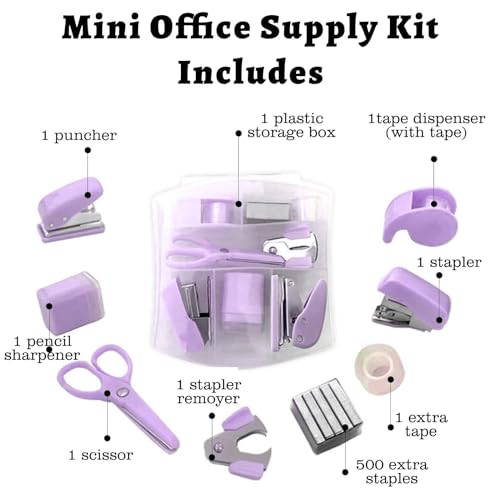 8 Pack Mini Office Supply Kits Mini School Supplies – Includes Mini Stapler, Scissors, Staple Remover, Puncher, Pencil Sharpener, Tape Dispenser (Purple) - color: Purple