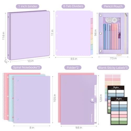 SKYDUE School Supplies Set – 1" 3-Ring Binder, 2 Expanding File Folders, 3 Spiral Notebooks, 8 Tab Dividers & Pencil Pouch – Cute Stationery for High School Stude, College Essentials Purple - color: Purple