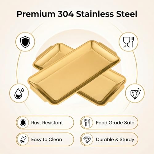 3-Piece Gold Serving Trays,304 Stainless Steel Heavy Duty Rectangular Platters,12.6 Inch Metal Food Server Set,Chip & Scratch Resistant,Rustproof Commercial Grade for Party, Wedding,Buffet,Christmas - color: Gold, size: 12.6''×6.2''