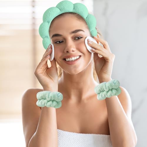 Beleki Spa Headband for Washing Face Wristband Set Makeup Skincare Face Washing Headband Sponge Terry Cloth Bubble Puffy Hairband Non Slip Headwear Hair Accessory for Women - Mint - color: Mint
