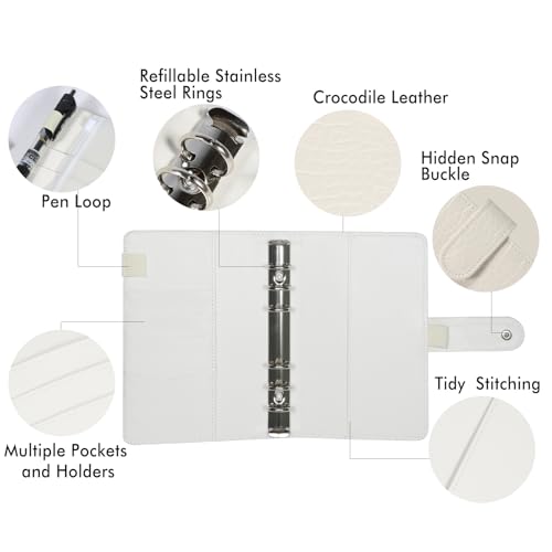 A5 6 Ring Binder Cover Crocodile - Large PU Leather Notebook Binder with Hidden Snap Buckle, Refillable Budget Planner, Beige - color: Beige, size: A5