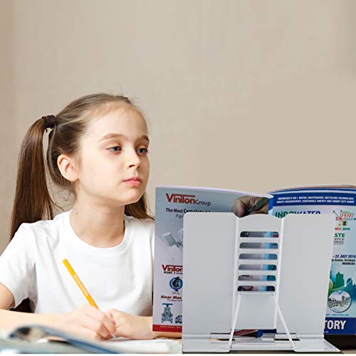 Blizzow Desk Book Stand Holder - Hands Free, Adjustable Metal Stand, Lightweight Foldable Portable - Cookbook, Recipe, Tablet, Music, Documents (White)
