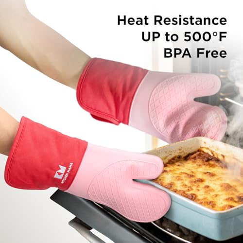 Kitchen Mama UltraShield Silicone Oven Mitts, Red - color: Red