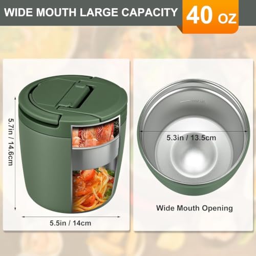 MAXSO Lunch Container 40 oz for Adults Stainless Steel Vacuum Insulated Food Jar, Soup Thermo for Hot Food Thermal Bento Box, Wide Mouth Leakproof Buckle Lid with Spoon - Green - color: Green