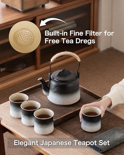 ZENS Japanese Tea Set with 4 Cups, 33.8oz Ceramic Infuser Pot for Loose Tea - color: Black/White, size: 33.8oz Teapot&4 of 8oz Cups