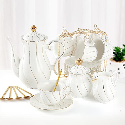 DUJUST 22 pcs White Porcelain Tea Set for 6, Luxury British Style Tea/Coffee Cup Set with Golden Trim, Beautiful Tea Set for Women, Tea Party Set, Gift Package (With a Stand) - color: 22pcs White