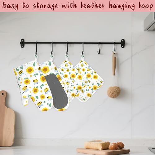 Cute Bee Sunflower Heat-Resistant Silicone Oven Mitts and Pot Holders 4 Piece Set,Extra Long Non-Slip Kitchen Oven Gloves for Cooking, Baking, BBQ,Grilling - color: Cute Bee Sunflower