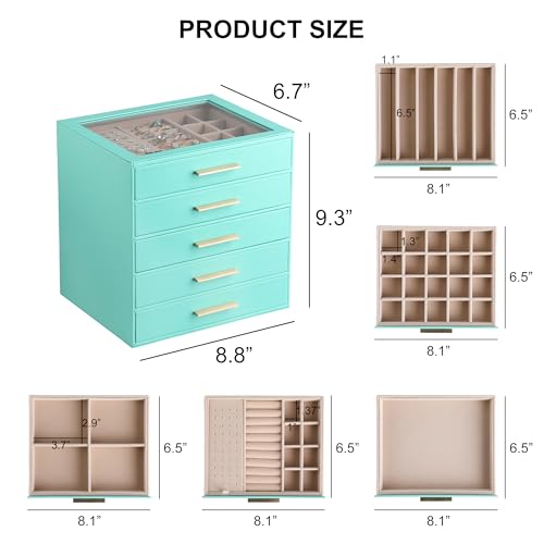 Frebeauty Jewelry Box for Women,Clear Lid Jewelry Organizer with 5 Drawers - color: Turquoise, size: 5 Drawer