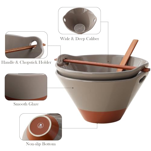 MALACASA 42 oz Ceramic Ramen Bowls with Chopsticks & Spoon, Brown & Khaki - color: Brown and Khaki