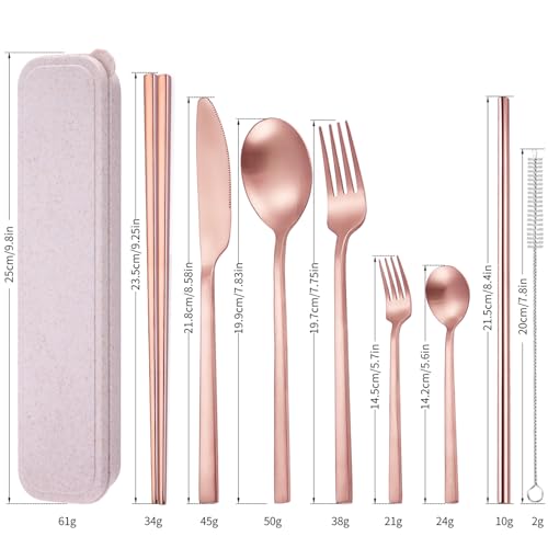 AARainbow 8 Pieces Stainless Steel Flatware Set Portable Reusable Cutlery Set Travel Utensils Set Including Chopsticks Knife Fork Spoon Straws Cleaning Brush Dishwasher Safe (B-Rose Golden) - color: B-Rose Golden
